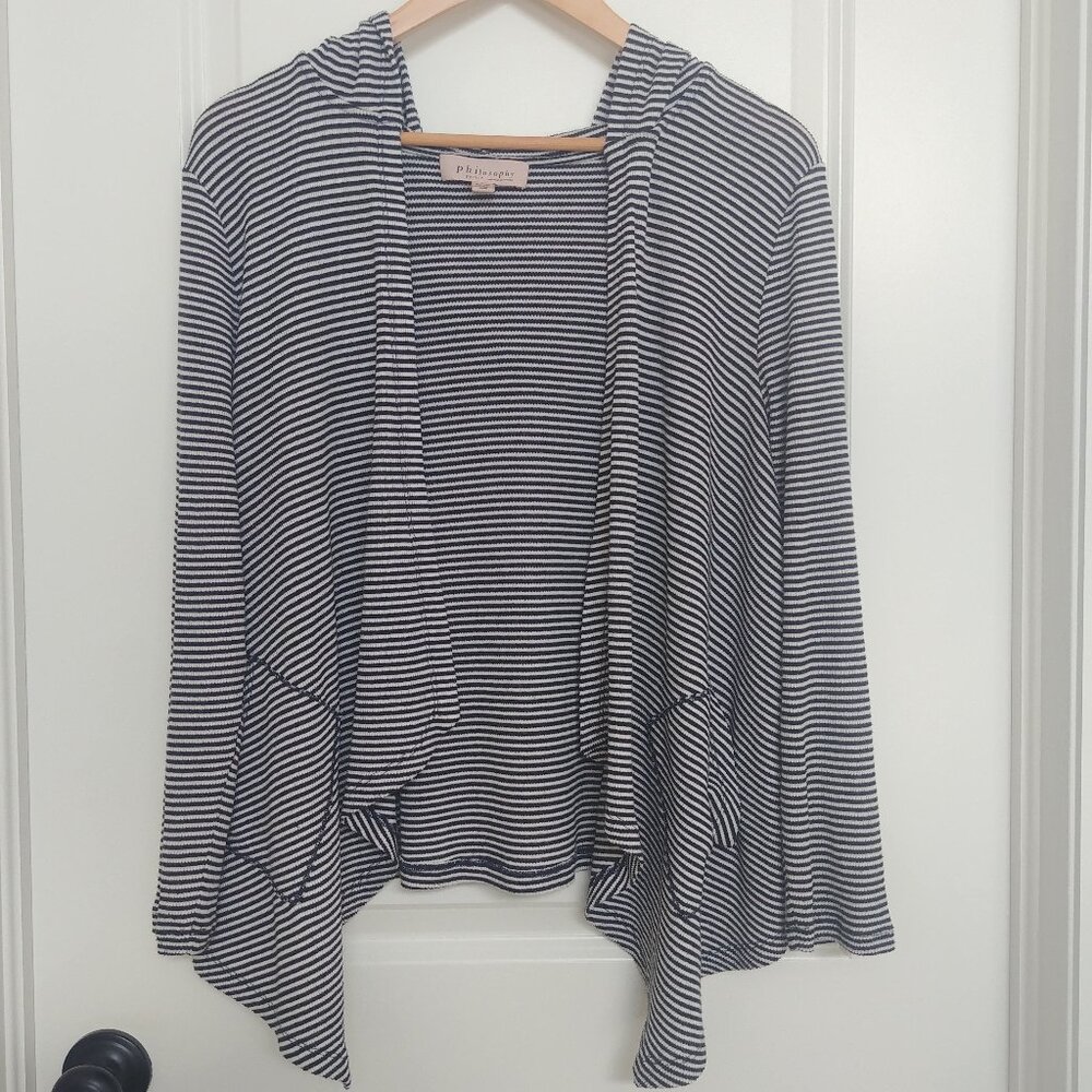4/$20 Philosophy white black/dark navy stripes open front hooded cardigan swea…
